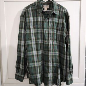 Duluth Trading Mens L Flannel Long Sleeve Button Plaid Green Red Blue Shirt